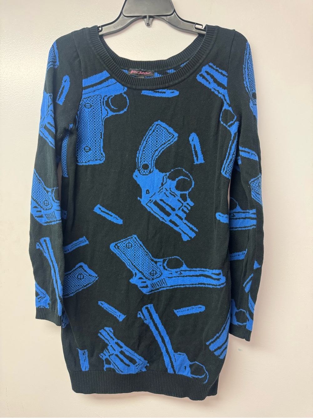 Vintage Betsey Johnson Black Blue Gun Sweater Tunic Dress Large Y2K Goth Punk C1 - Picture 6 of 12